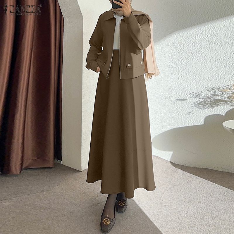 Tenues modestes pour femmes, ensembles de jupes longues à manches longues et jupes maxi évasées en 2 pièces, ensembles ZANZEA, tenues musulmanes islamiques avec hijabs