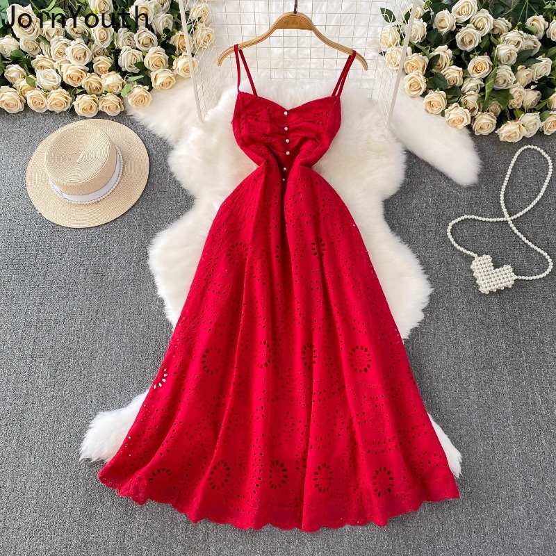 Robe rose Femme col en v manches robes femmes 2025 robes De Mujer évider broderie taille haute grande balançoire été Maxi Drrss
