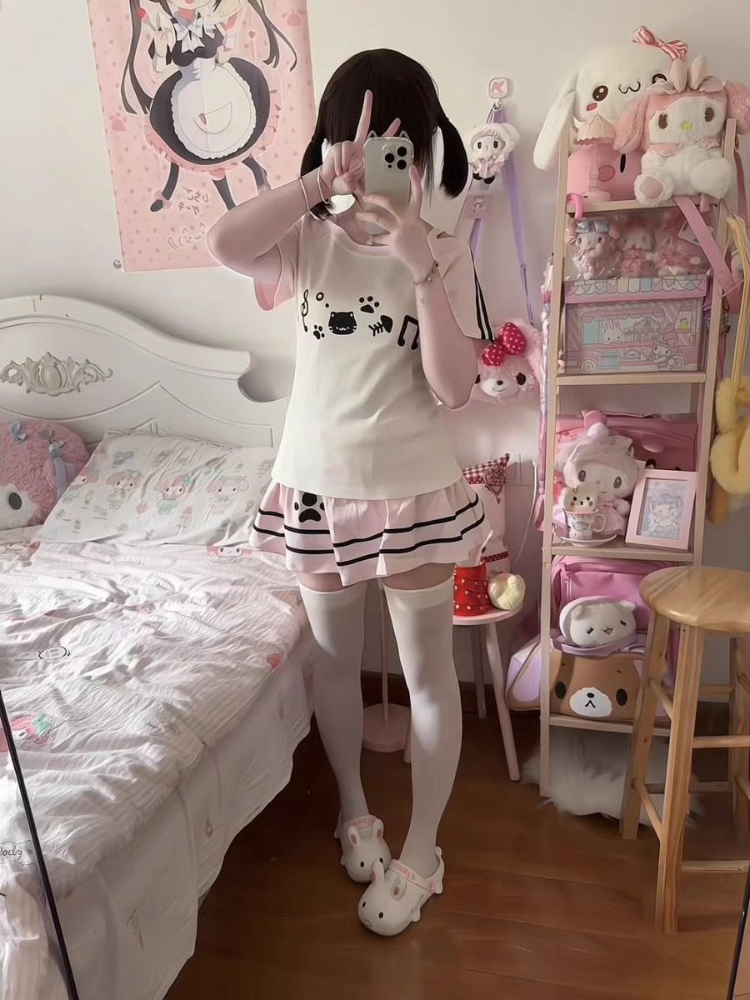 Ensemble 2 pièces de Style sous-culture japonais Kawaii pour femmes, haut à manches courtes imprimé chat mignon, Mini jupe trapèze, tenue d'été Lolita douce