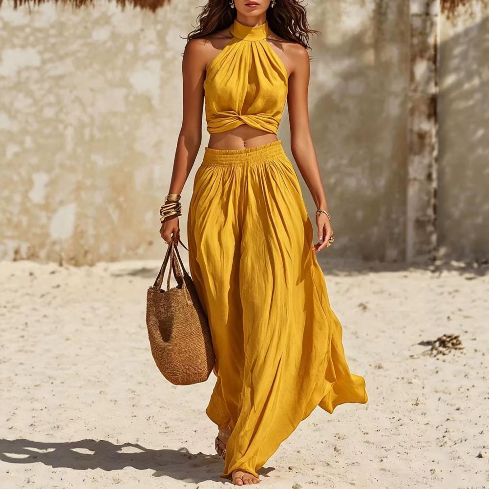 Tenues 2 pièces pour femmes, haut sans manches à col haut et pantalon à jambes larges, ensemble assorti pour l'été, tenues de vacances d'été