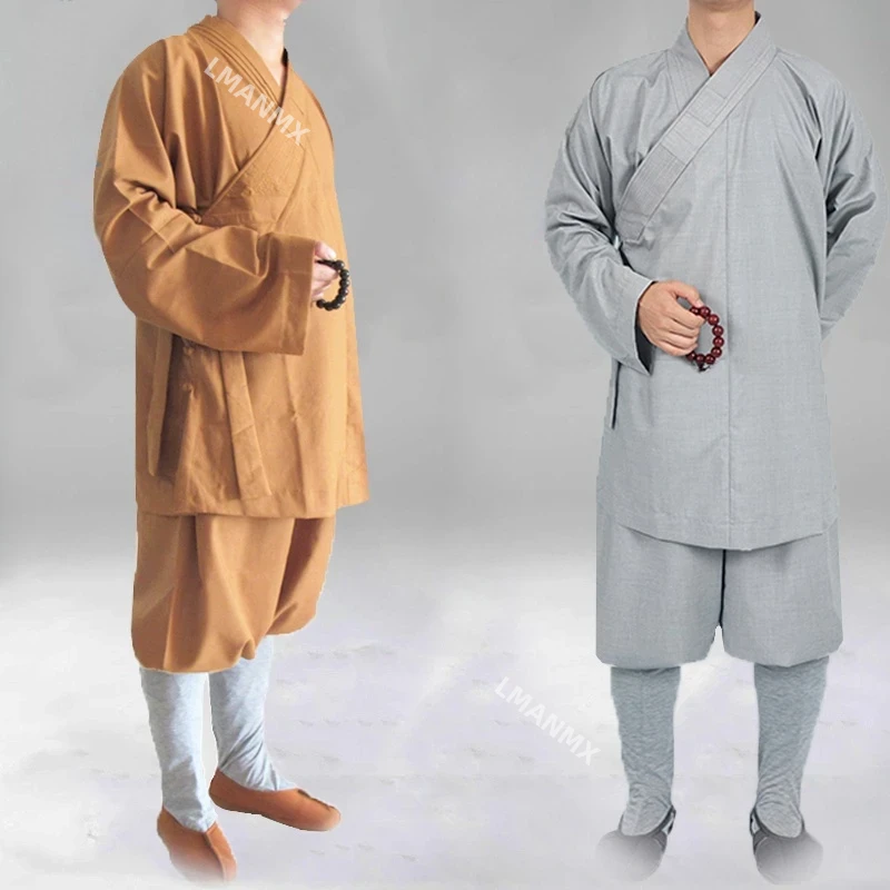 Traditional Chinese Buddhism Arhat Gown Set for Adult Men Monk Robe Clothes Top and Pants Buddhist Clothes