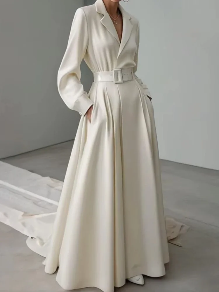 Robe de soirée blanche pour femmes, Maxi, élégante, manches longues, ample, sans ceinture, col cranté, vêtements pour femmes, nouvelle collection