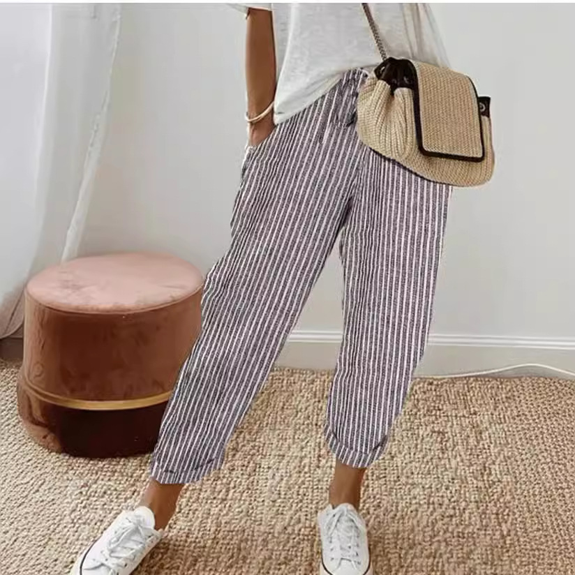 Pantalons femmes 2025 nouvelle mode été rayé décontracté ample taille élastique couleur unie cheville longueur pantalon vêtements pour femmes