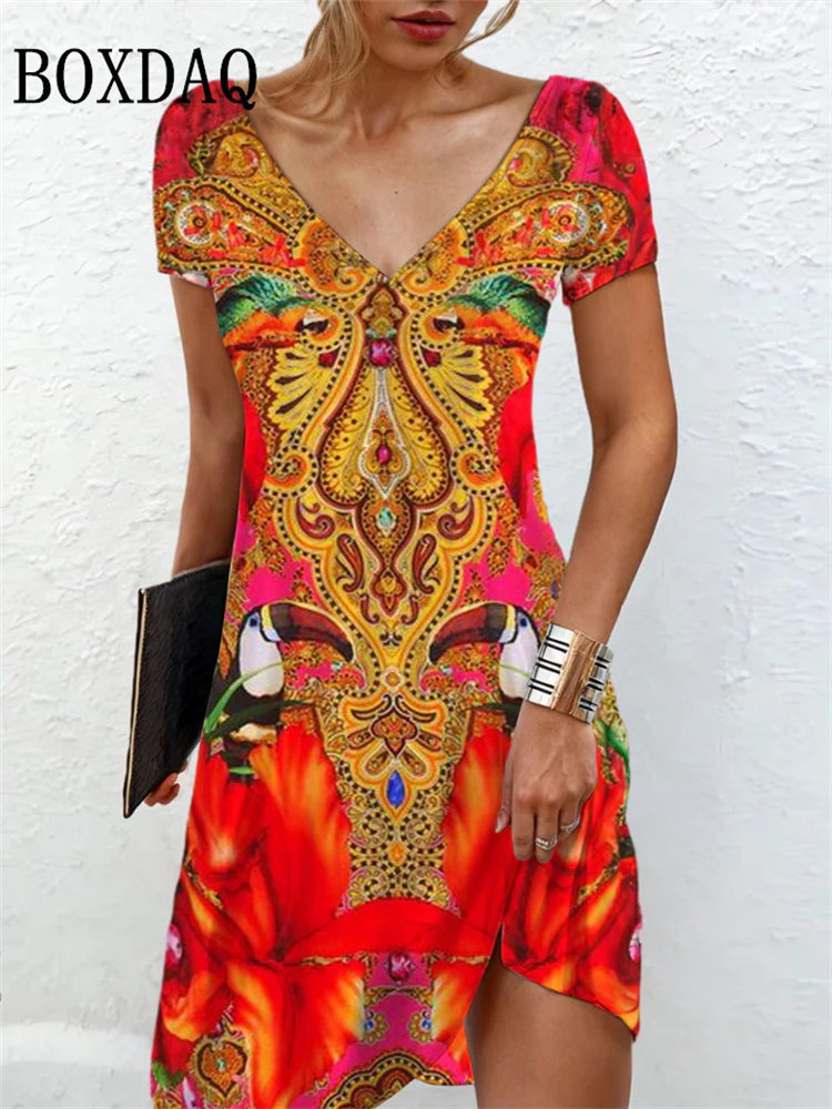 Robe mi-longue à manches courtes et col en V pour femmes, impression 3D abstraite, robes rétro adt décontractées, grande taille 6XL, mode d'été, nouveau, 2024