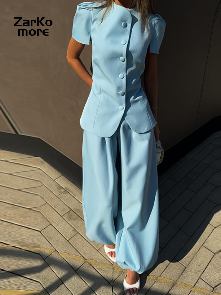 Ensemble décontracté pour femme : haut boutonné à col rond et manches courtes lanternes, pantalon long à cheville ajustée – Collection Été 2026