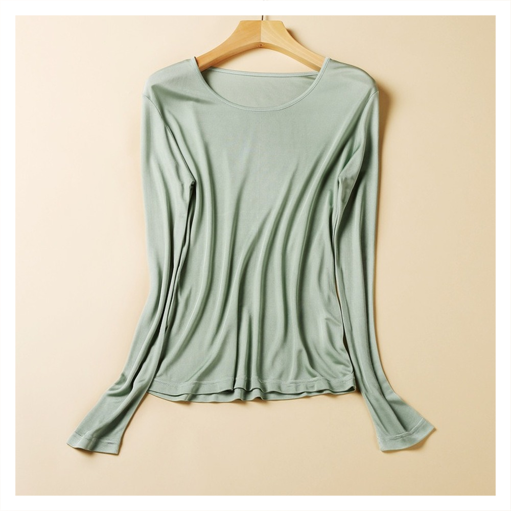 Chemise à manches longues en soie de mûrier pour femmes, tricotée en soie, couleur unie, col rond, nouvelle mode 2025