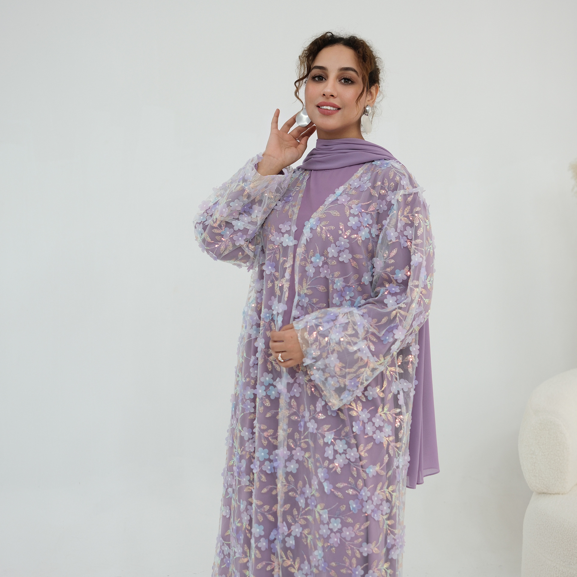 Abaya de Luxe 2026 pour l'Aïd, Ensemble 3 Pièces avec Broderie Florale 3D et Dentelle, Robe Musulmane Modeste pour Femme avec Sous-Robe et Hijab