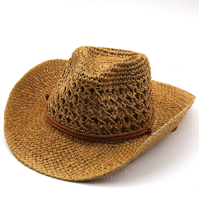 Chapeau de cowboy à grande avant-toit ajouré de style ethnique, chapeau de plage de printemps et d'été, chapeau de protection solaire en plein air, chapeau d'herbe