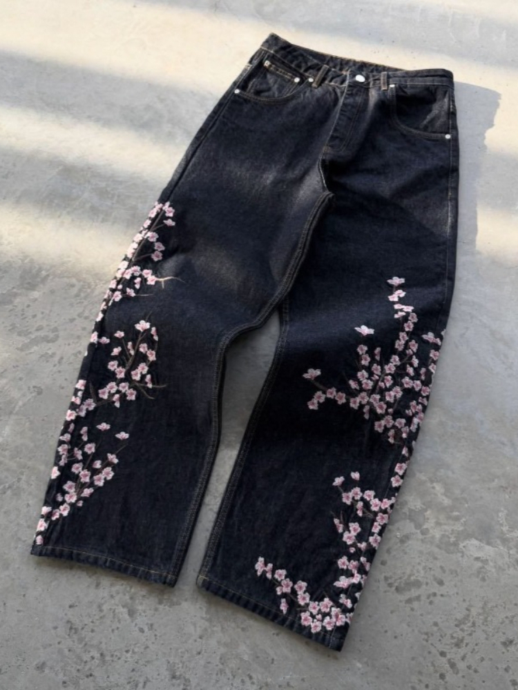 Jeans unisexe Harajuku, streetwear européen et américain, pantalon en denim brodé, coupe ample vintage à motif floral, jambe large droite, décontracté, nouveauté