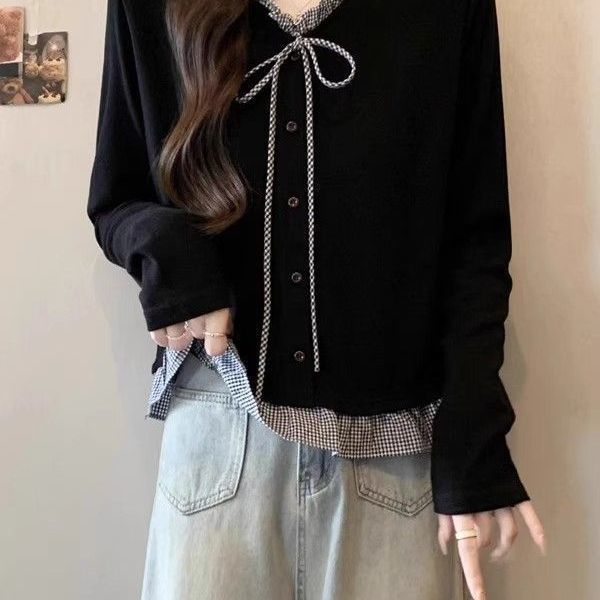 Chemisier à manches longues pour femme grande taille, nouvelle collection printemps-automne, décontracté et fin, avec empiècements et bordure festonnée, col en V