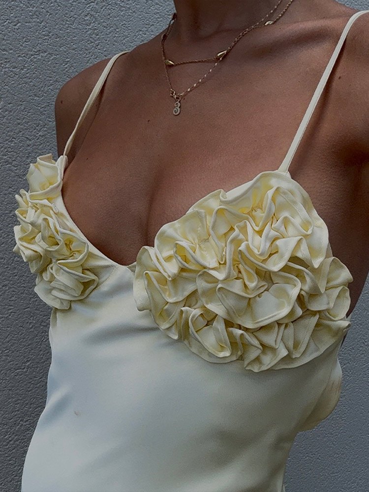 Satin 3d fleur jaune Robe femmes Slip col en v sans manches dos nu à lacets robes 2025 été dame soirée mince dame Robe