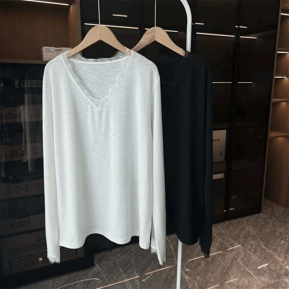 T-Shirt ample femme t-shirts noir blanc automne doux T-Shirt surdimensionné femmes t-shirts à manches longues col en v Sexy dentelle chemise femmes haut