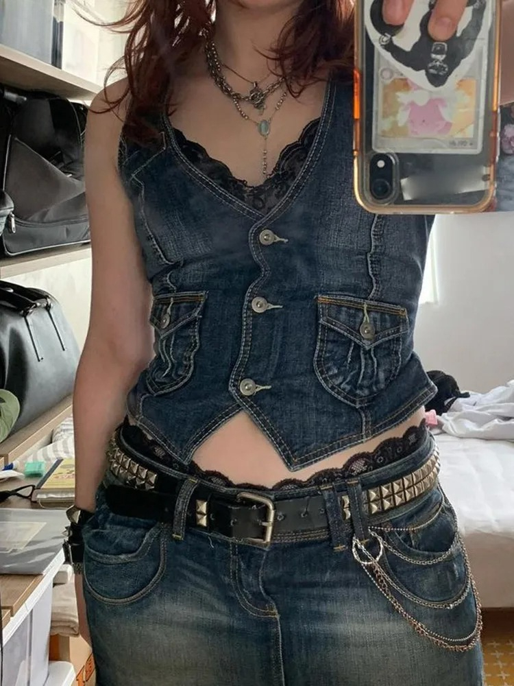 Femmes Denim gilet veste sans manches lavé col en V simple boutonnage poches gilets minces Streetwear femme été Vintage gilet