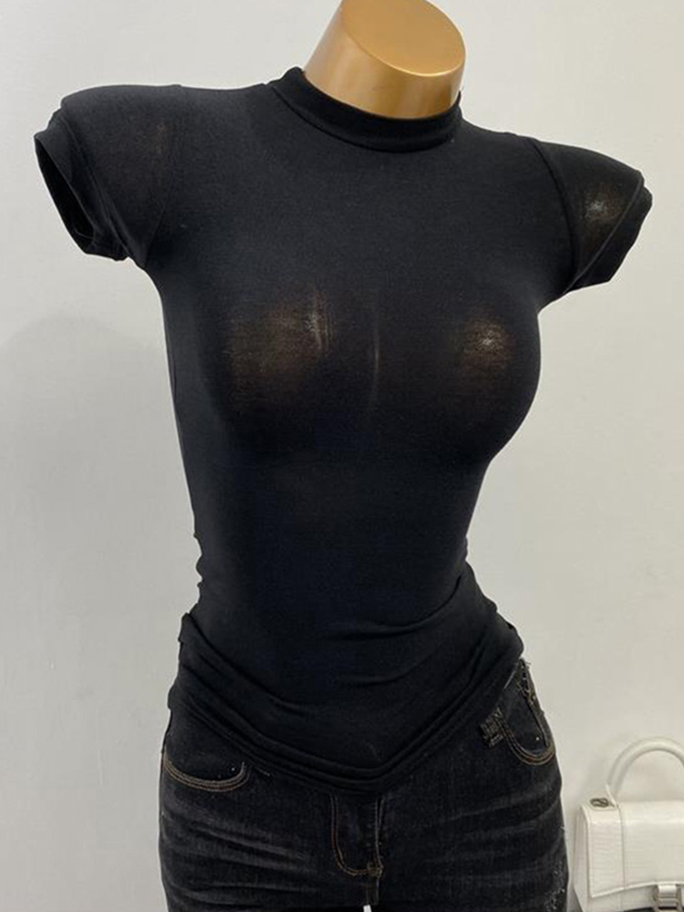 T-shirt à col mi-haut coréen transparent à manches courtes, ajusté, élastique, uni, idéal comme sous-vêtement, sexy, pour poitrine généreuse.