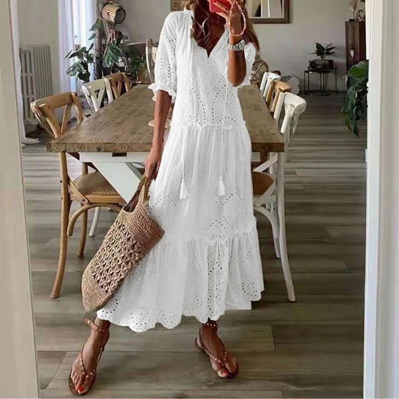 Robe d'été en coton blanc pour femmes, décontractée, creuse, Crochet, bohème, ample, plage, longue, grande taille, robe de vacances à volants