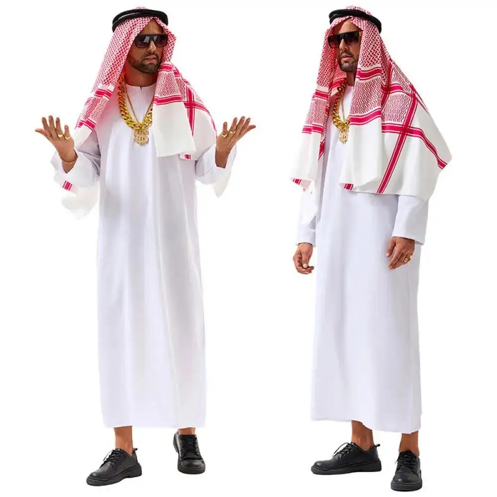 Costume arabe de Dubaï, costume de cosplay de sheik des Émirats arabes unis, robe blanche, foulard pour costume d'anniversaire saoudien riche, costume d'Halloween, tenue de homme riche, polyes