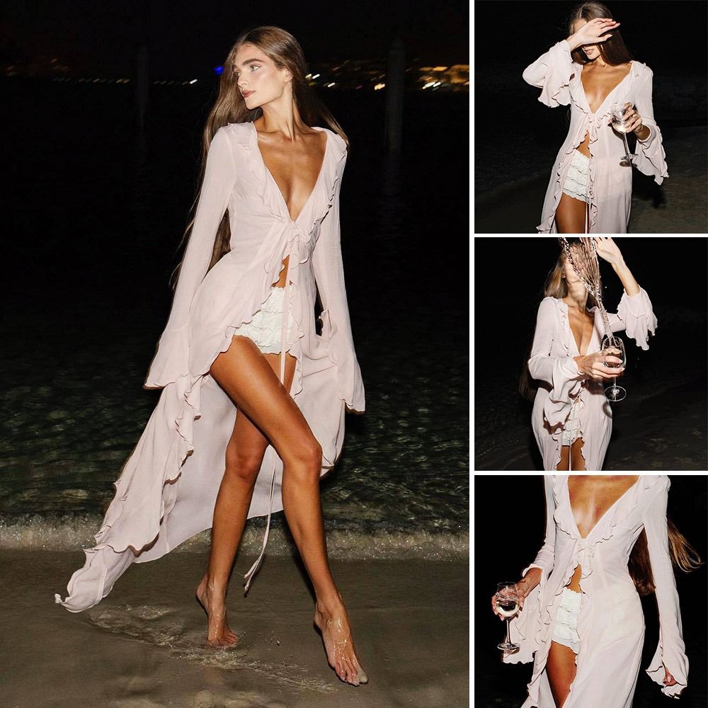 Mode col en V été plage couvrir à volants à manches longues robe de plage maillot de bain vacances Bikini crème solaire Smock pour les femmes