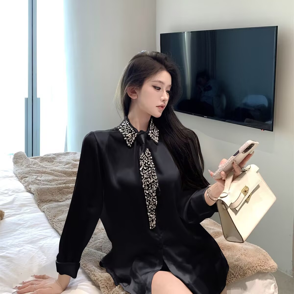 2025 femmes chemise blanche nouveau printemps automne cristal perles avec cravate en mousseline de soie chemise femmes Blouses dames hauts femmes vêtements