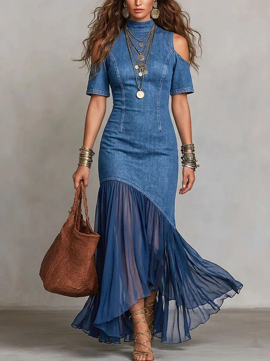Robe longue élégante en jean pour femme, à manches courtes, col montant, avec empiècements en mousseline plissée, épaules dénudées, style vintage décontracté et coupe ajustée