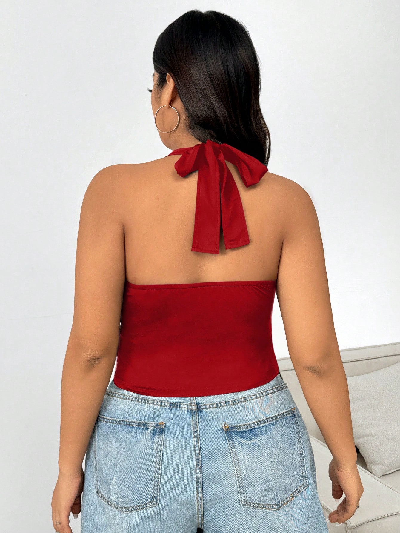Haut court dos nu sexy pour femme grande taille, col halter, décolleté plongeant en V, à nouer dans le dos