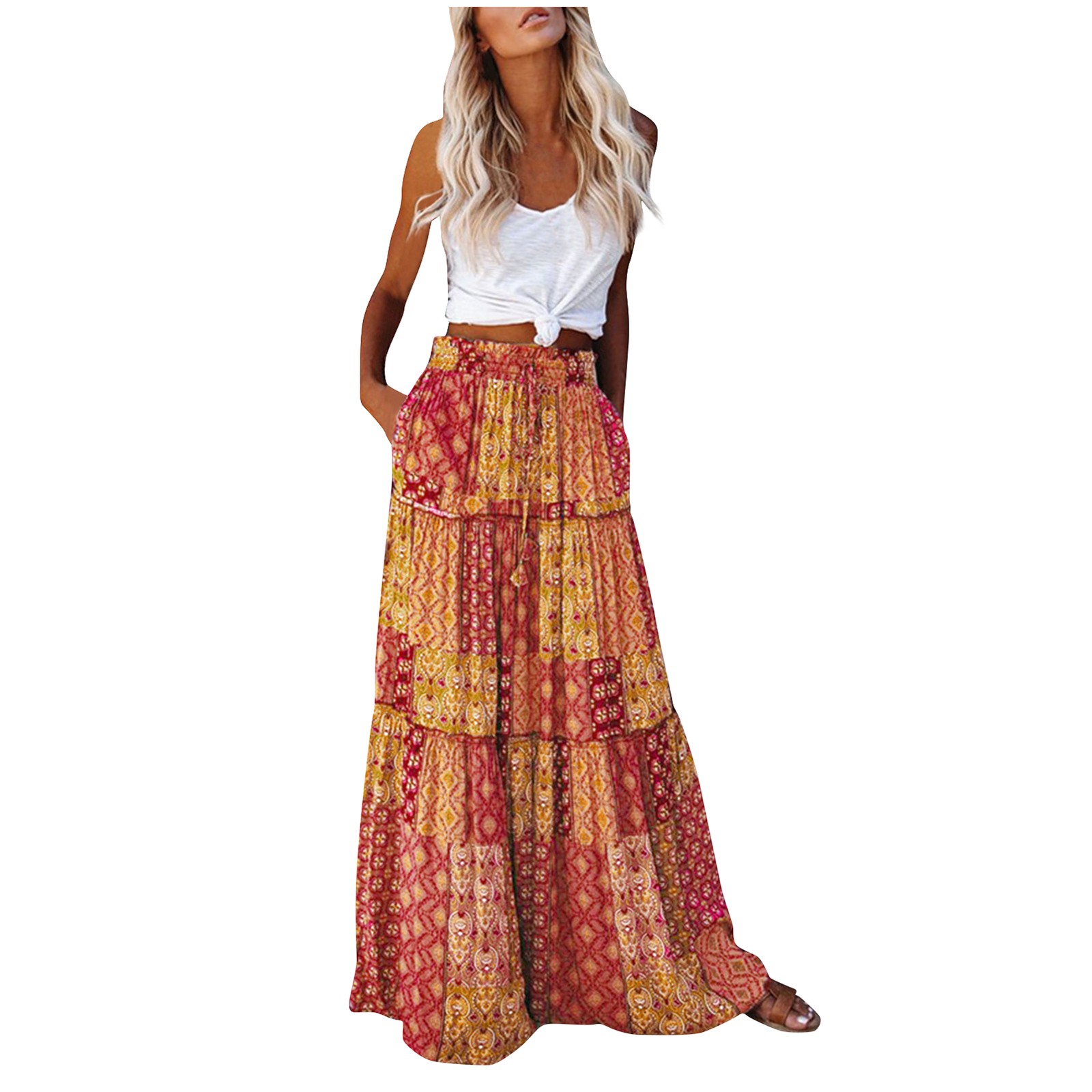 Jupe plissée taille haute à imprimé fleuri bohème pour femmes, jupe longue A-Line, mode décontractée vintage