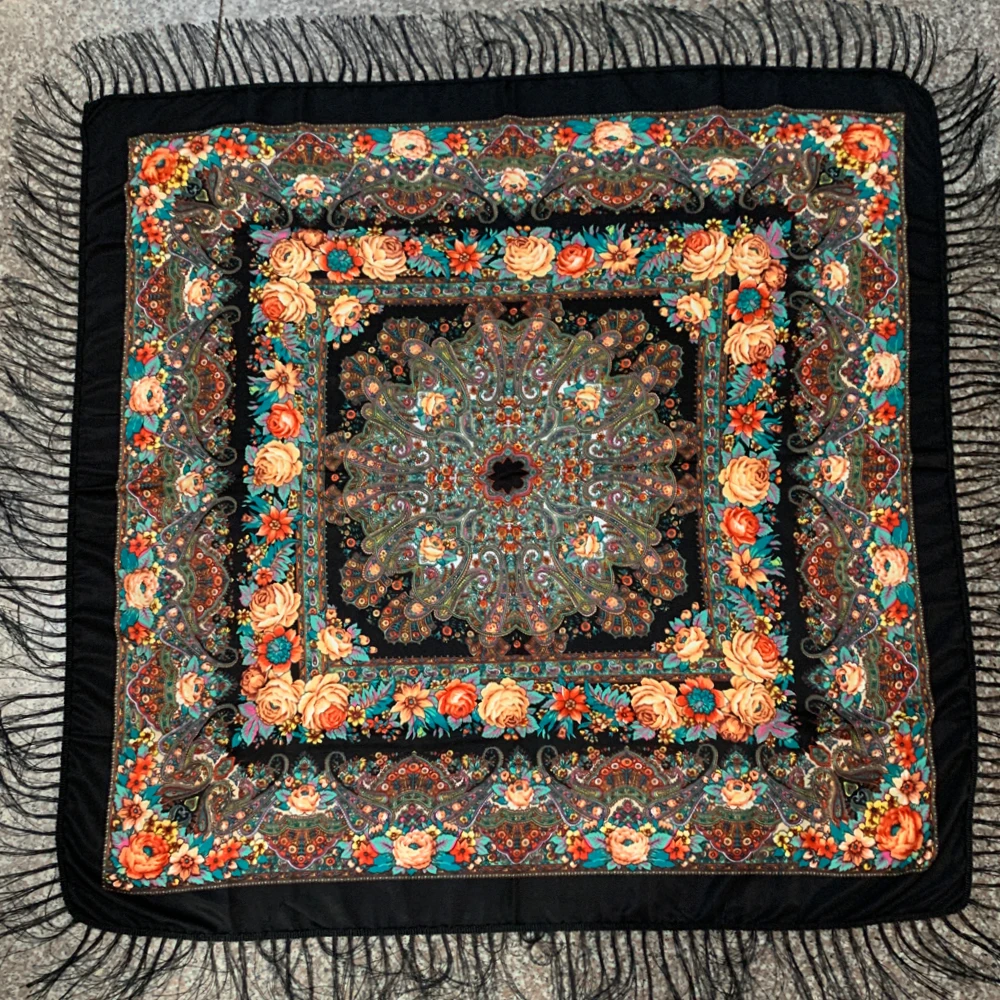 Châle ukrainien à franges imprimé Floral de luxe pour femmes, écharpe carrée nationale russe, mouchoir Babushka, enveloppe de tête, 130x130cm