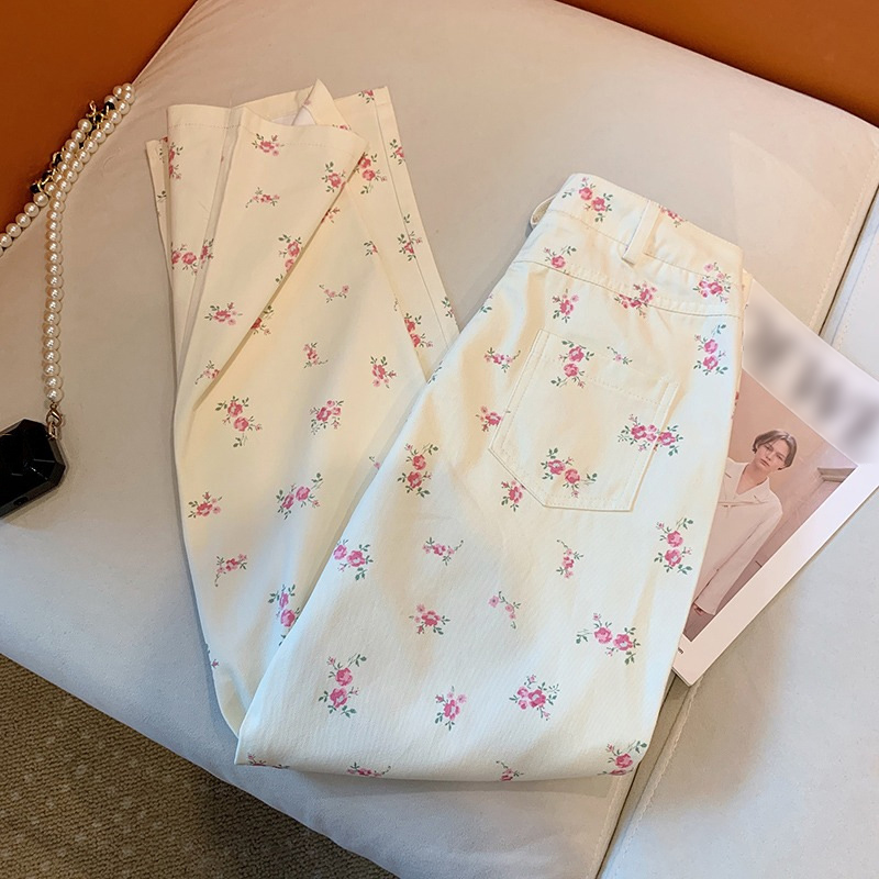 Pantalon en Denim à fleurs blanches simples pour femmes, nouvelle collection printemps été 2021, taille haute, jambes larges, décontracté, polyvalent