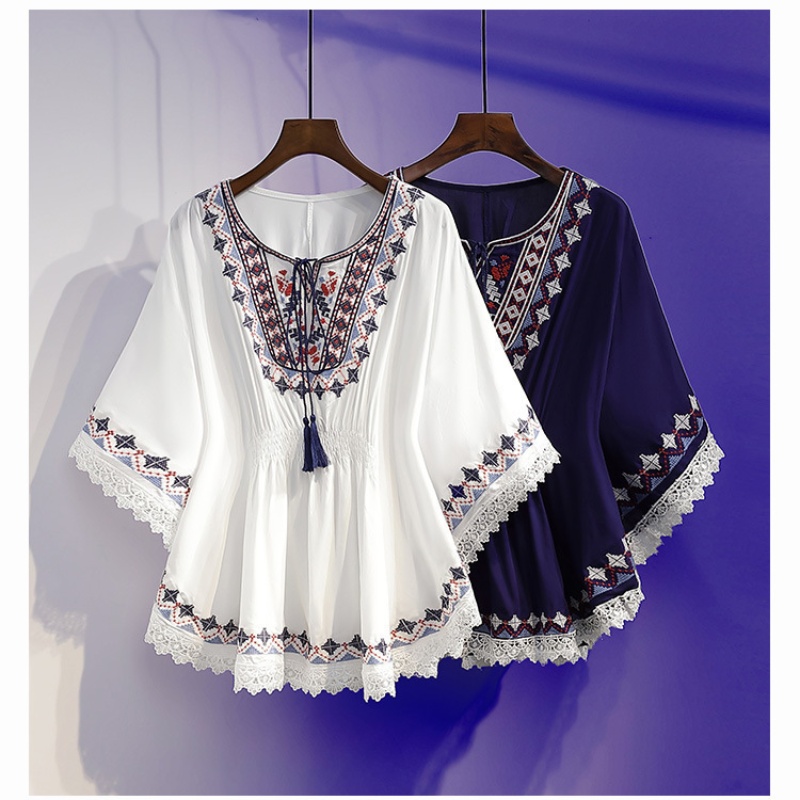 Chemisiers d'été pour femmes, style rétro bohème, imprimés, coupe courte, hauts cape, en coton ample, avec ourlet en dentelle, manches chauve-souris, chemises kimono, Blusa Feminina