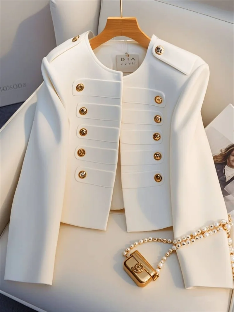 Veste à Double boutonnage pour femmes, mode coréenne, élégante, couleur unie, col rond, manches longues, vêtements d'extérieur pour femmes, manteaux courts de bureau