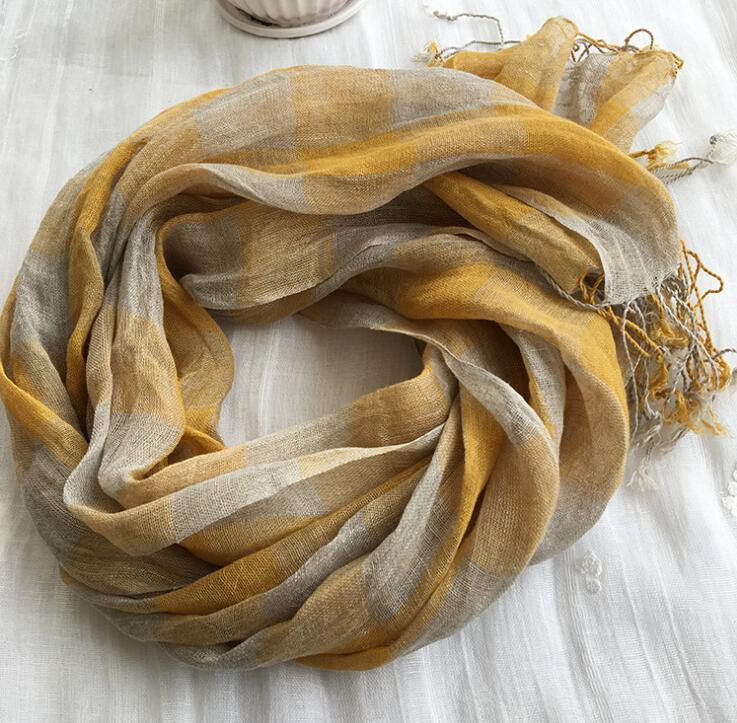 Écharpe jaune à carreaux en lin pour hommes et femmes, pashmina, châles, enveloppes, tête, abonnés, glands, printemps, 100%