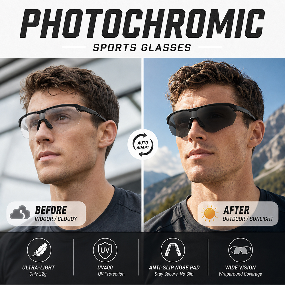 Lunettes de soleil photochromiques pour le cyclisme, hommes et femmes, sans monture, lunettes de sport UV400, pour la conduite en plein air, la pêche, anti-vent, lunettes de soleil