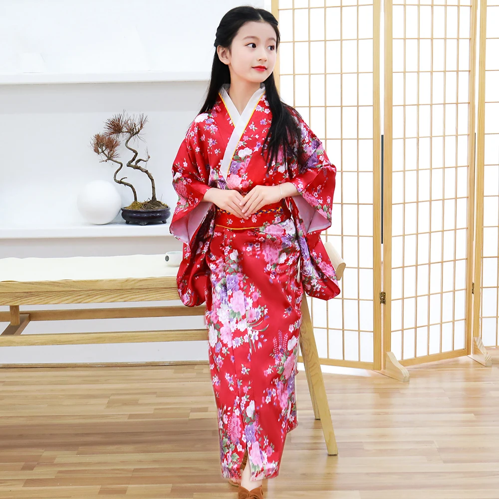 Peignoir Kimono japonais rouge pour enfants filles, vêtements de spectacle à fleurs imprimées Yukata avec Costume de Cosplay doux d'obrimoine