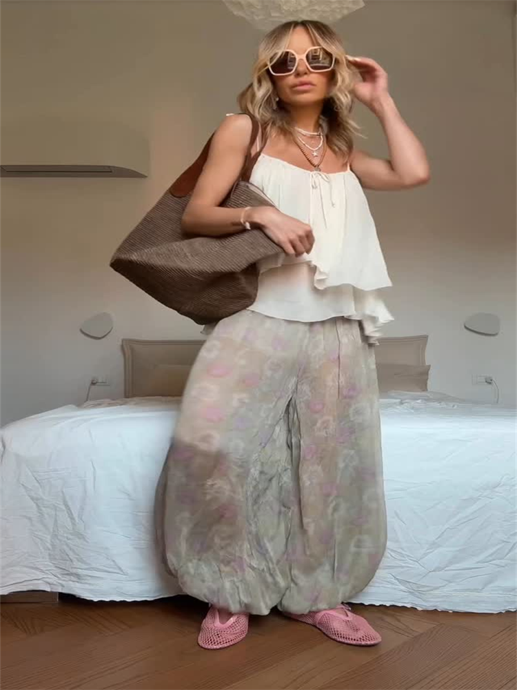 Costume pantalon à volants pour femmes, col en v, dos nu, haut sans manches, taille haute, jambes larges, tenues d'été, vêtements de plage