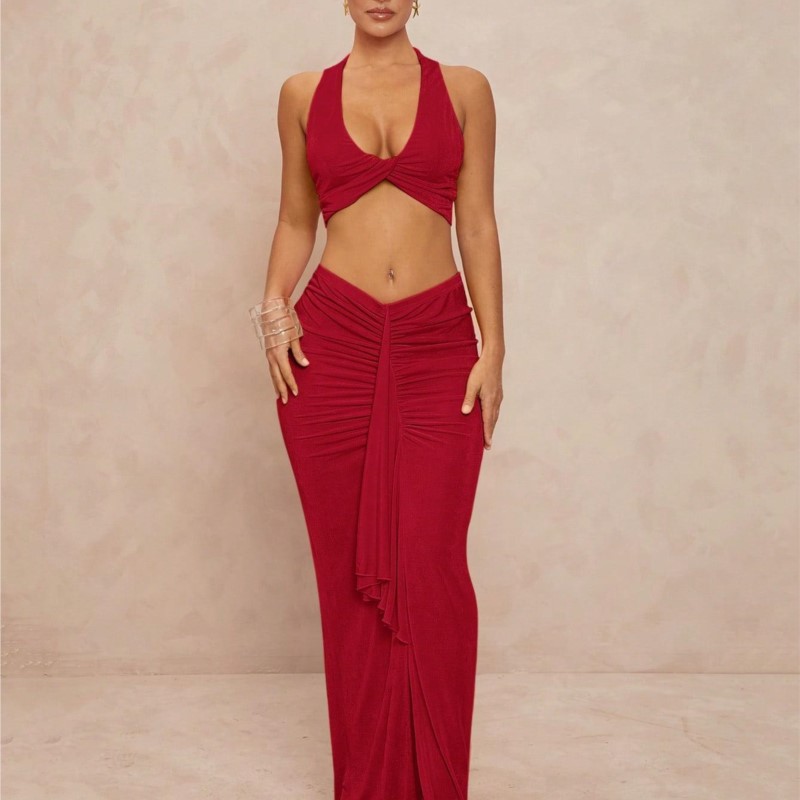 Ensemble deux pièces pour femme, tenue fendue, Slim, couleur unie, écharpe plissée, ensembles assortis, vêtements de plage Sexy, jupes de vacances, gilet, nouvelle collection