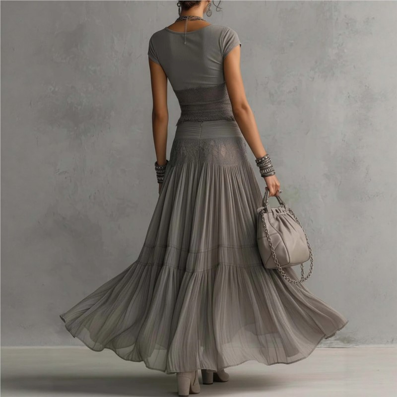 Ensemble chic 2 pièces pour femme : haut uni à manches courtes coupe ajustée avec empiècements en dentelle et jupe taille haute élastique à cordon de serrage