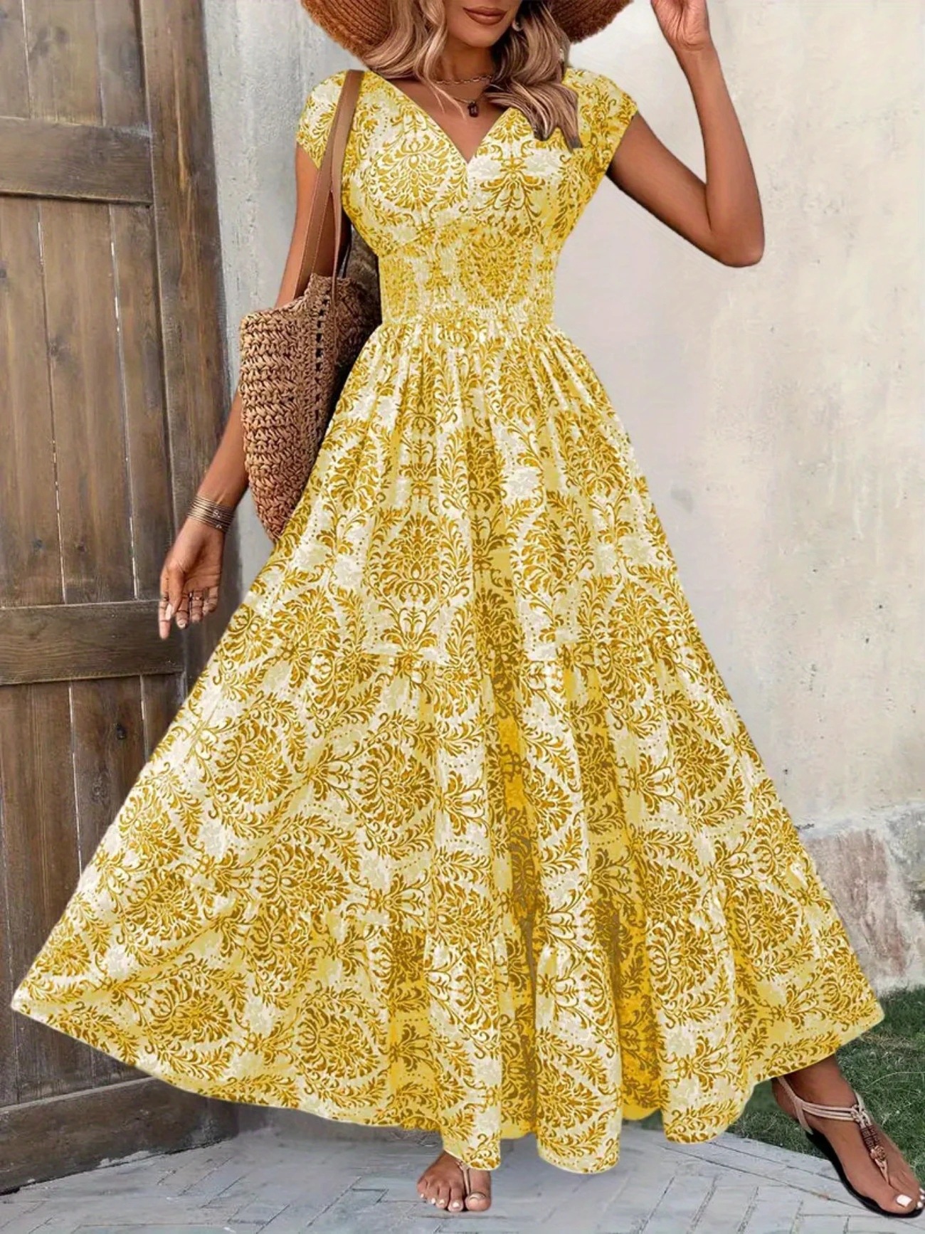Nouvelle Robe Longue Imprimée Col V Taille Cintrée Style Européen et Américain Été 2026