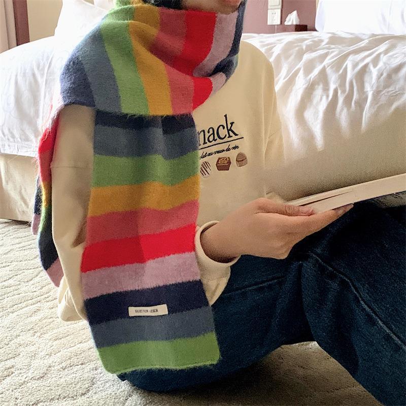 Écharpe Mohair à rayures arc-en-ciel pour hommes et femmes en hiver, écharpe courte en laine à rayures bloquant les couleurs, écharpe courte chaude pour étudiants
