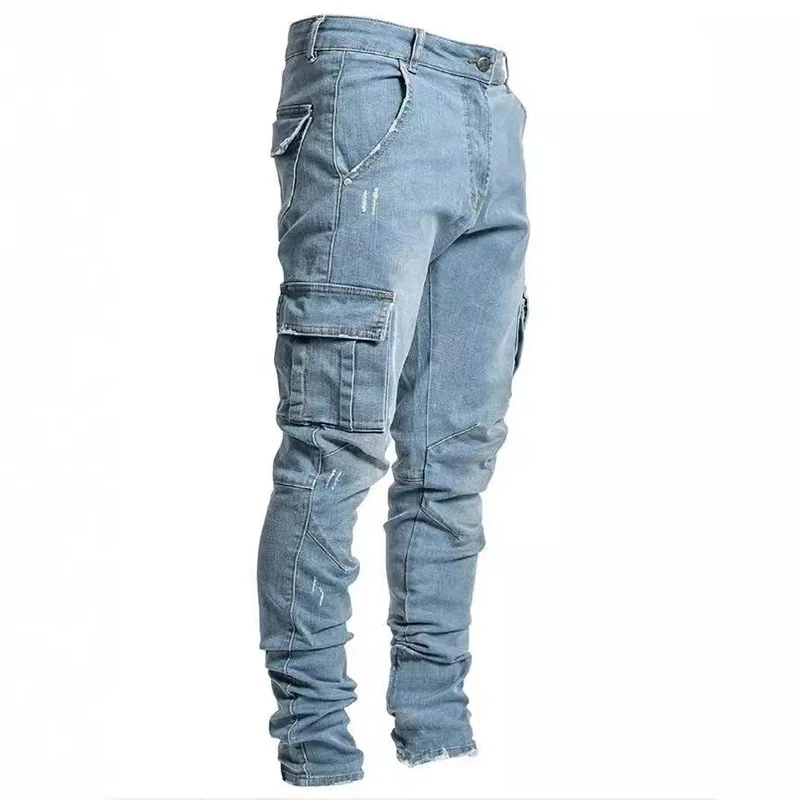 Jeans en denim élastique pour hommes, pantalon cargo multi-poches, coupe slim décontractée, jogging taille moyenne, document monochrome lavé, rue, fjwear, 03/Wear