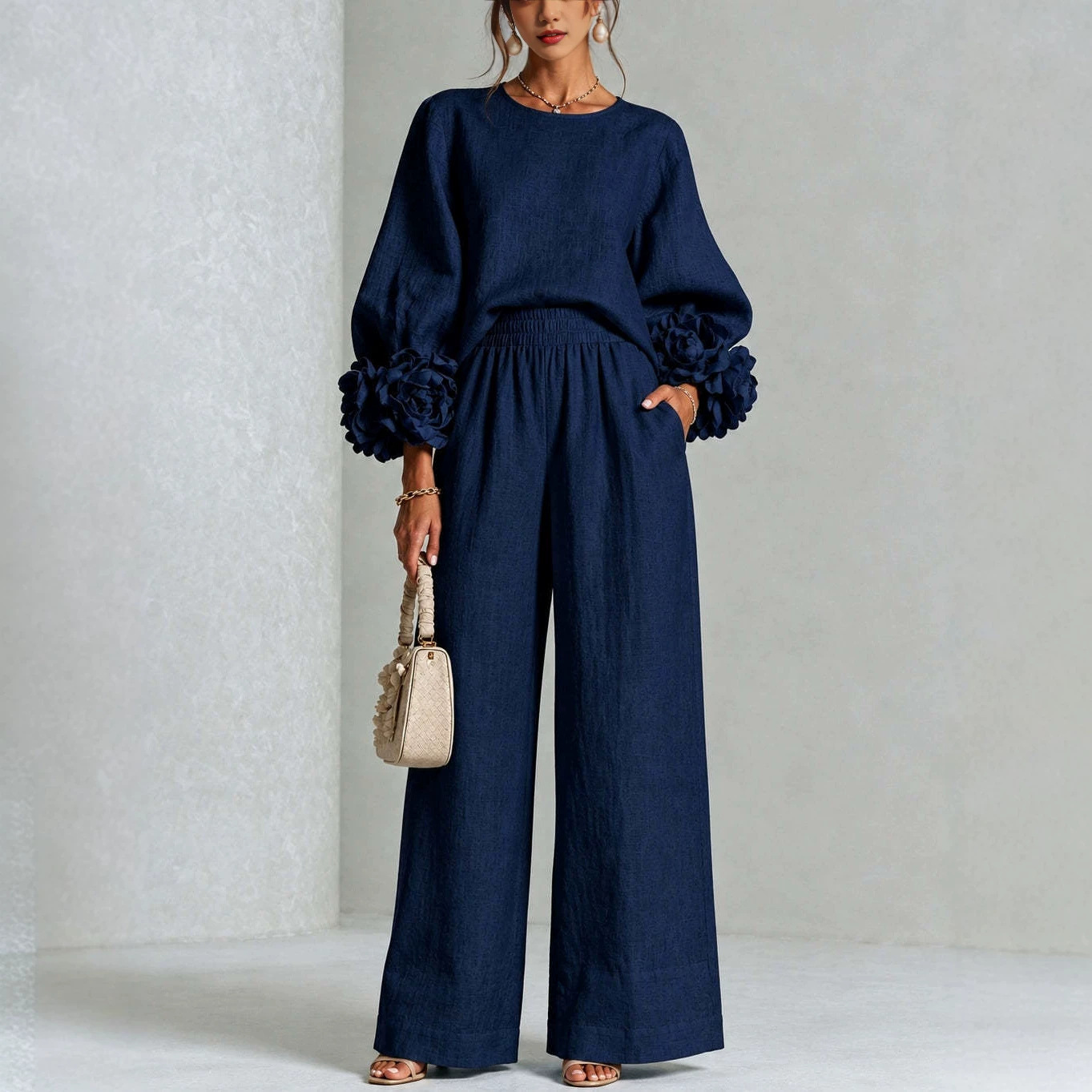 Ensemble 2 pièces pour femme : Haut à col rond et manches longues bouffantes, motif floral 3D + pantalon large à taille élastique – Tenue élégante et décontractée pour le bureau, collection automne