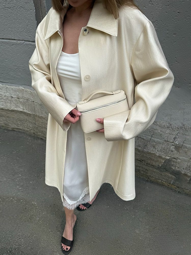 Manteaux longs décontractés en satin pour femme, à revers, simple boutonnage, manches longues, coupe ample, coupe-vent, nouvelle mode automne 2026