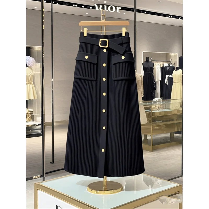 Jupe tricotée enveloppée taille haute pour femme, élégante, tenue de bureau, nouvelle mode, simple boutonnage, Slim, en laine, mi-longue, automne
