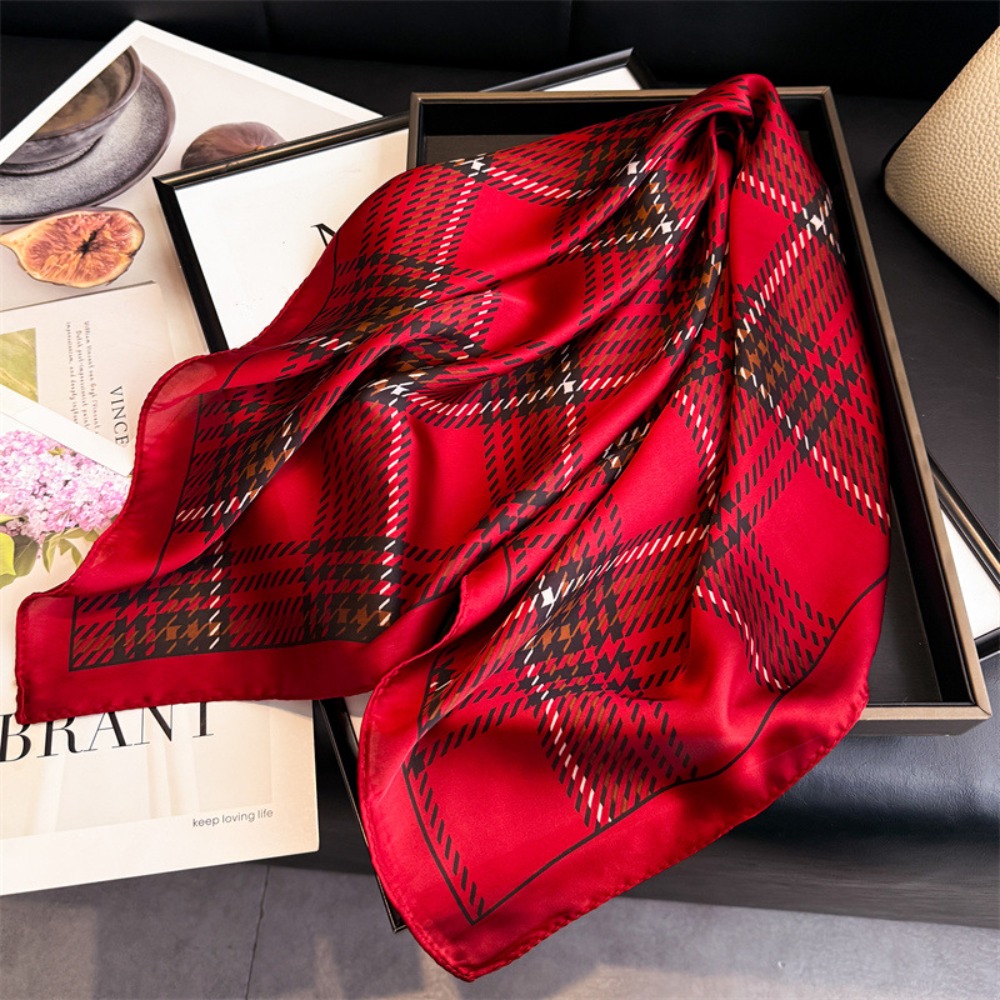 Nouveaux Foulards Carrés pour Femme, Effet Soie, Imprimé Carreaux, Bandeau Cheveux, Ruban, Écharpes et Châles Printemps