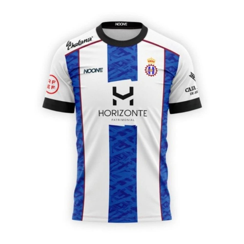 Maillot de football - Blanc et bleu avec des bordures marron, logos de sponsors « HORIZONTE » pour TRIOCAR, vêtements de football de haute qualité pour les fans