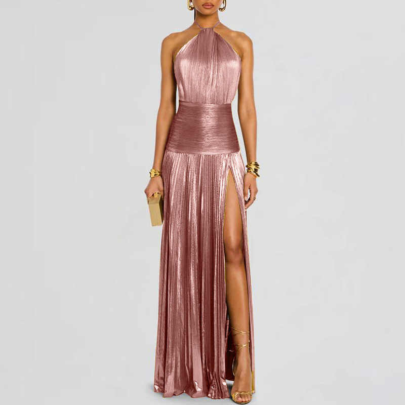 Robe de soirée dorée, Sexy, col licou, fente haute, Chic, couleur unie, plissée, longue, dos nu, fermeture éclair, Maxi, printemps été
