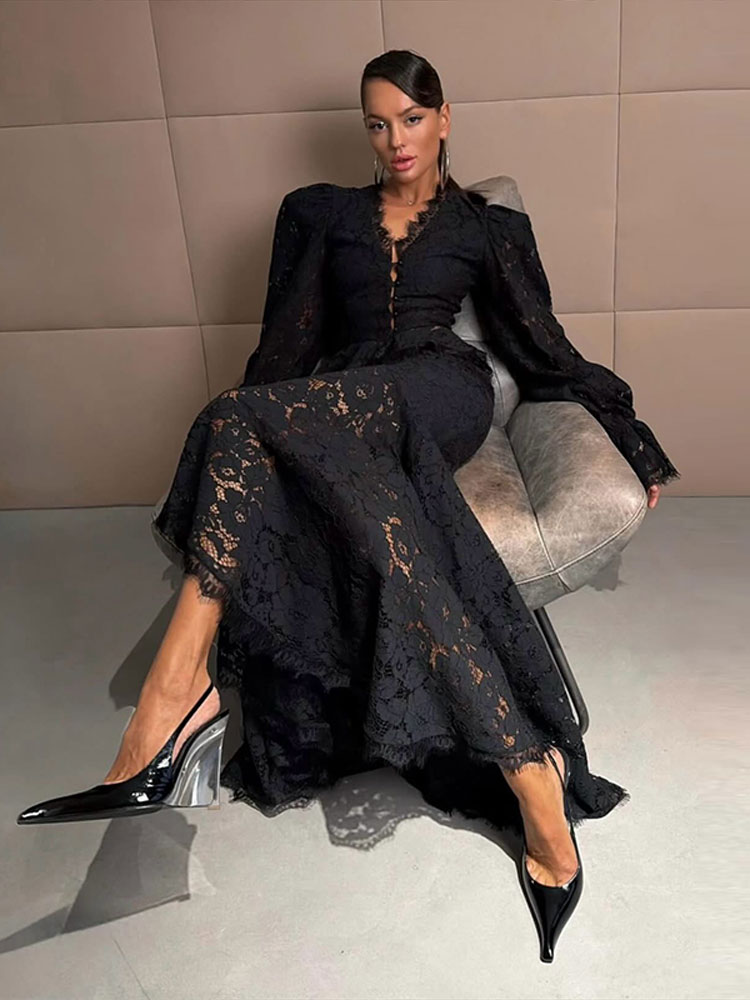 Nouveauté 2026 : Ensemble Printemps Femme – Hauts en Dentelle à Manches Bouffantes, Jupes Longues, Manteaux Slim à Col V et Jupes Cintrées à la Taille – Tenue Unie Élégante