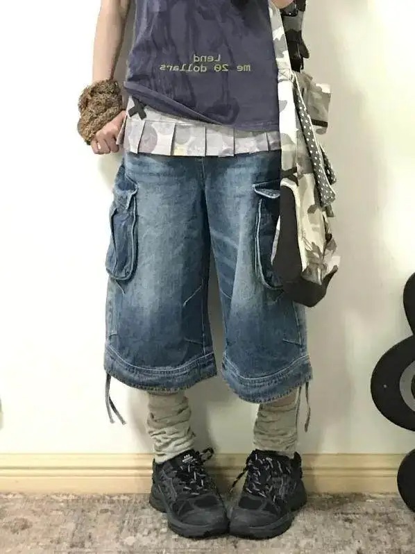 Shorts en jean cargo rétro américain pour femme, style Y2K années 2000, coupe boyfriend, longueur mollet, denim, style japonais Harajuku, mode urbaine