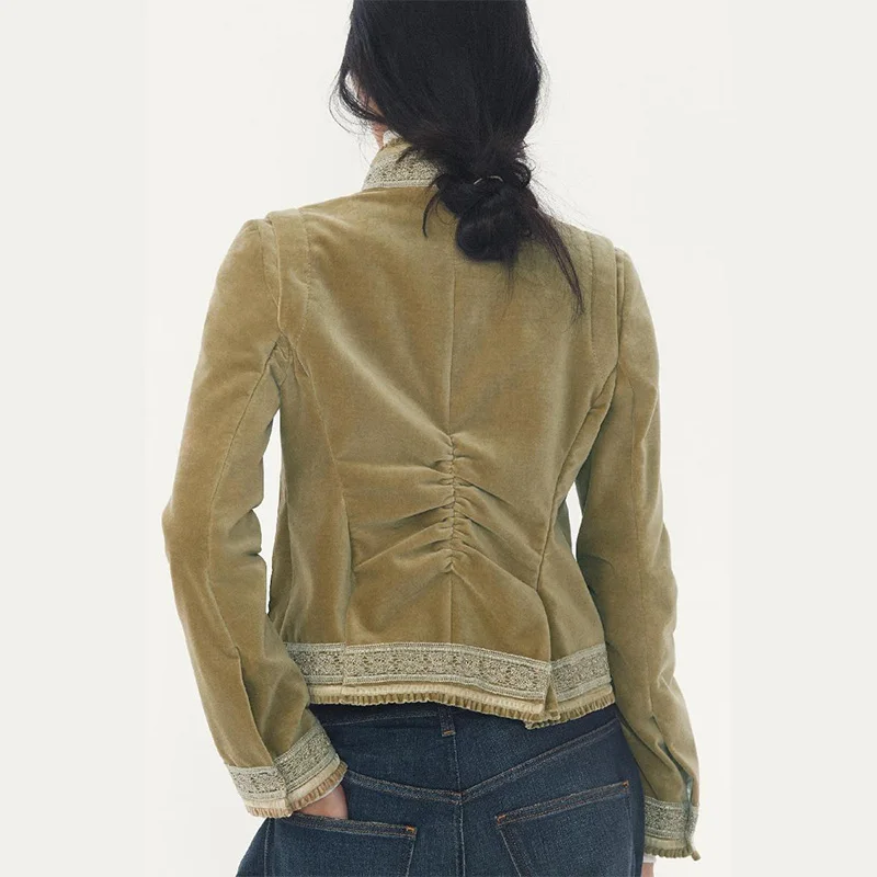 Vintage Patch poche veste dentelle Chic à la mode rétro Designers vêtements de dessus pour femmes femmes automne Boho chaud Streetwear