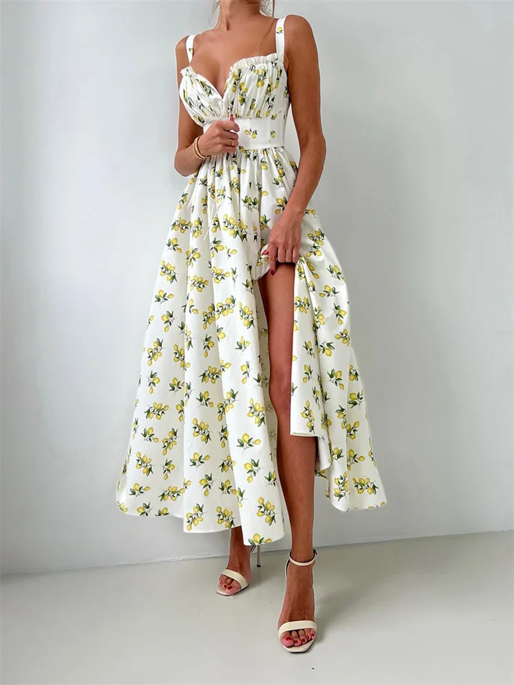 Robe Maxi pour femmes, col en v, imprimée, élégante, à lacets, nouvelle mode, sans manches, moulante, contrastée, été 2025