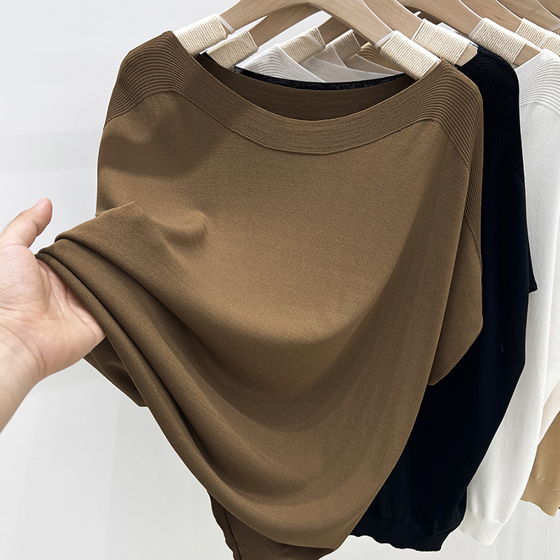 Vêtements pour femmes couleur unie glace soie tricoté T-shirt à manches courtes femmes été ample et mince manches chauve-souris haut de style étranger
