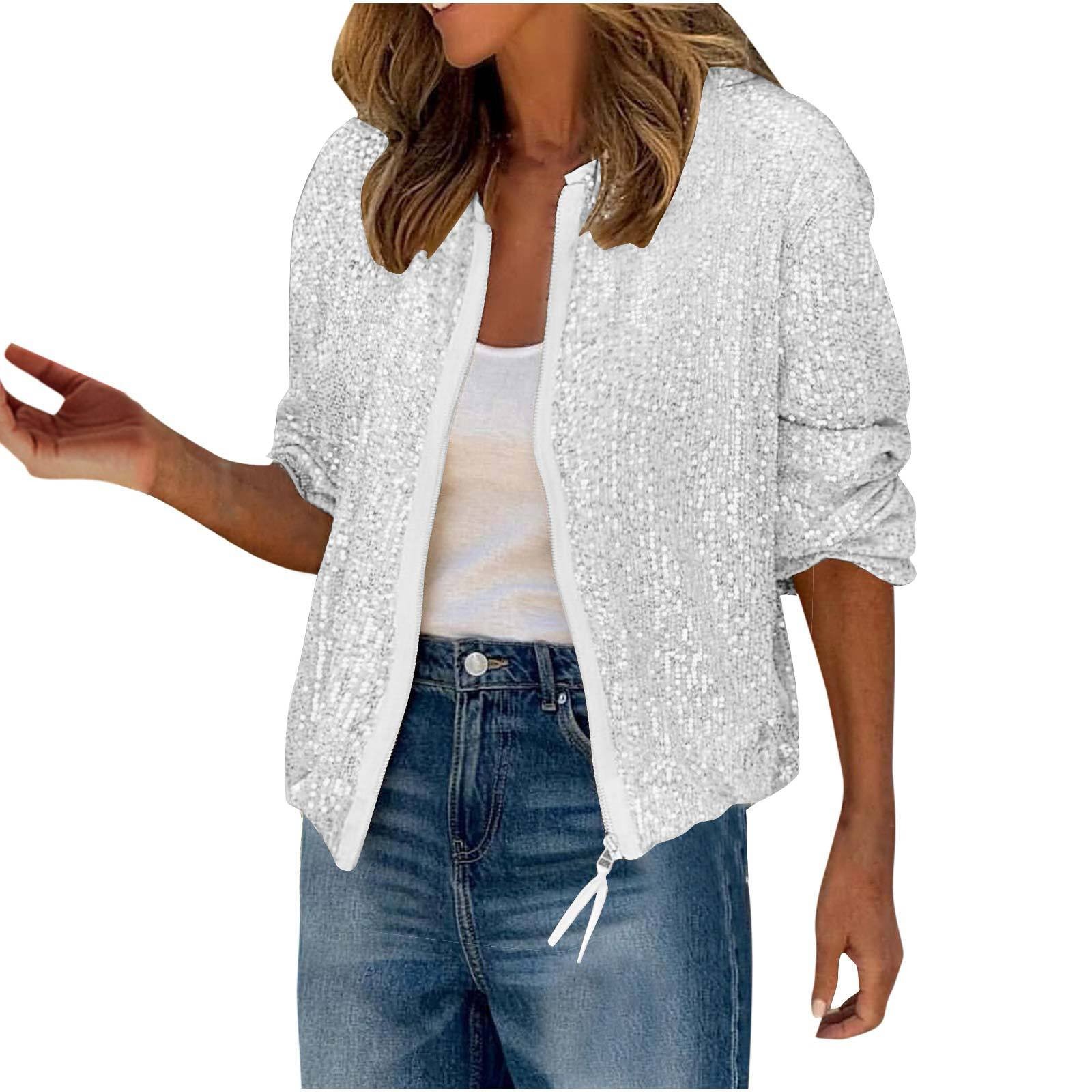 Veste à paillettes scintillantes pour femmes, coupe cintrée, couleur unie, fermeture éclair, manteaux à la mode, boîte de nuit, Streetwear, manteaux à paillettes brillantes pour femmes